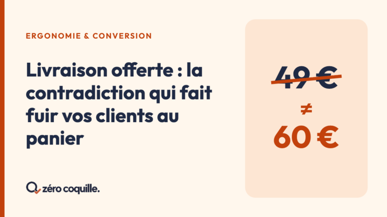 Visuel Zéro Coquille : « Livraison offerte : la contradiction qui fait fuir vos clients au panier », avec 49 € barré face à 60 €
